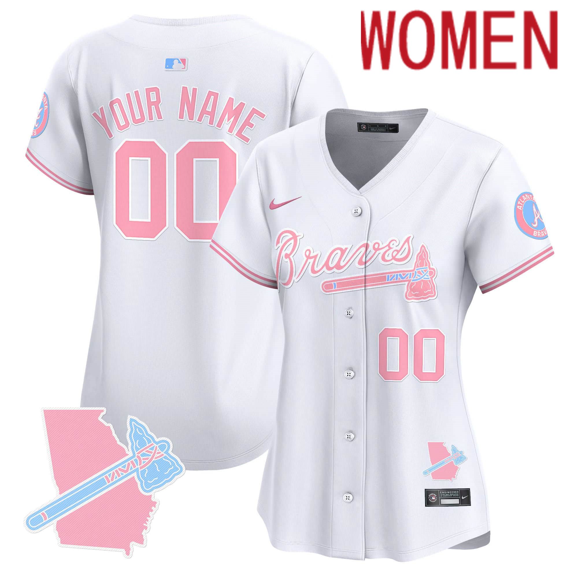 Women Atlanta Braves White 2024 Nike Bubblegum Pink Vapor Premier Limited Custom MLB Jersey->customized mlb jersey->Custom Jersey
